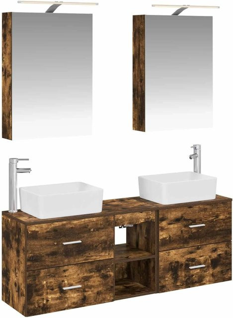 vidaXL Badezimmermöbel-Set aus Eiche in Braun, 5-teiliges modernes Set mit Waschtischunterschrank, Spiegelschrank und LED-Beleuchtung - Bild 1