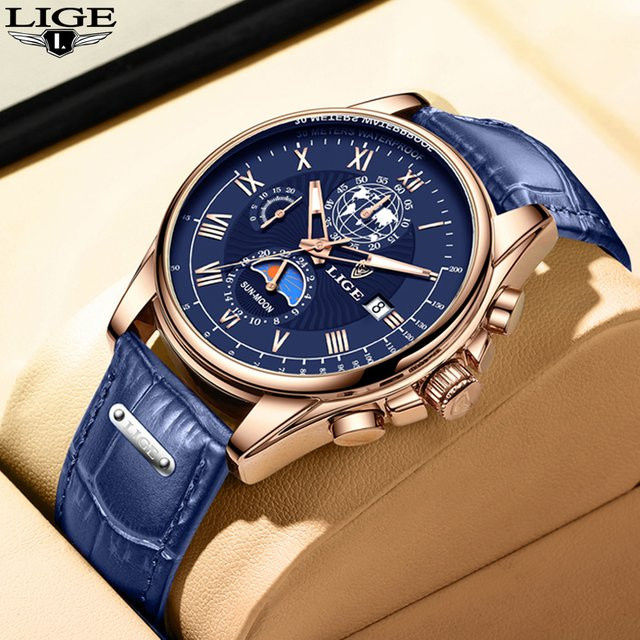 LIGE Armbanduhr Chronograph, Quarz, Edelstahl, Blau, Herren - Bild 1