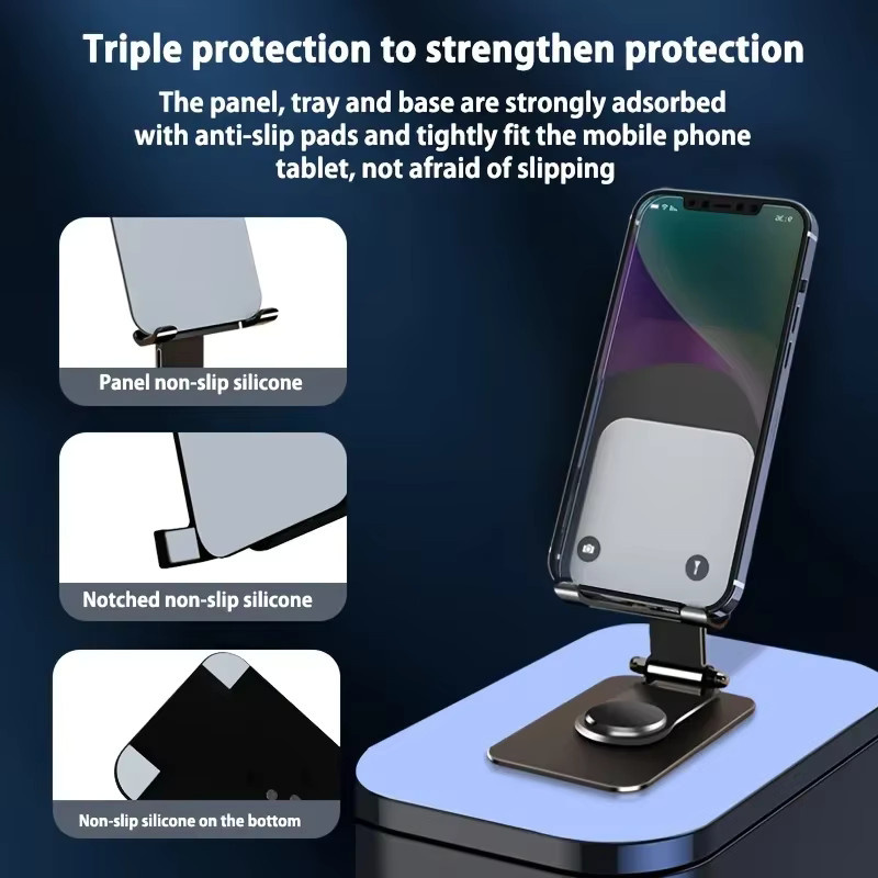 Tragbarer und faltbarer Handy-Ständer aus Aluminiumlegierung in Schwarz mit 360 Grad Drehung für Desktop und Live-Streaming - Bild 4
