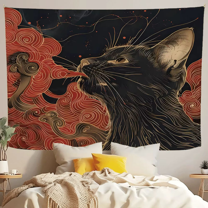 RoarGosh Wandteppich aus Textil mit japanischer Ukiyo-e Kunst, Katze und Wellen-Motiv, Mehrfarbig, Breite: 70 cm, Höhe: 70 cm - Bild 4