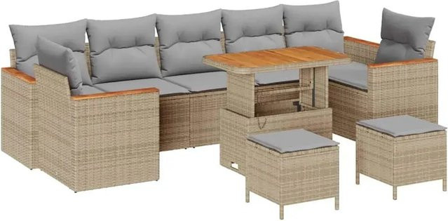 vidaXL Garten-Sofa-Set aus Poly-Rattan und Akazienholz in Beige mit 10-teiligem Polster-Set und UV-beständigen Kissen - Bild 1