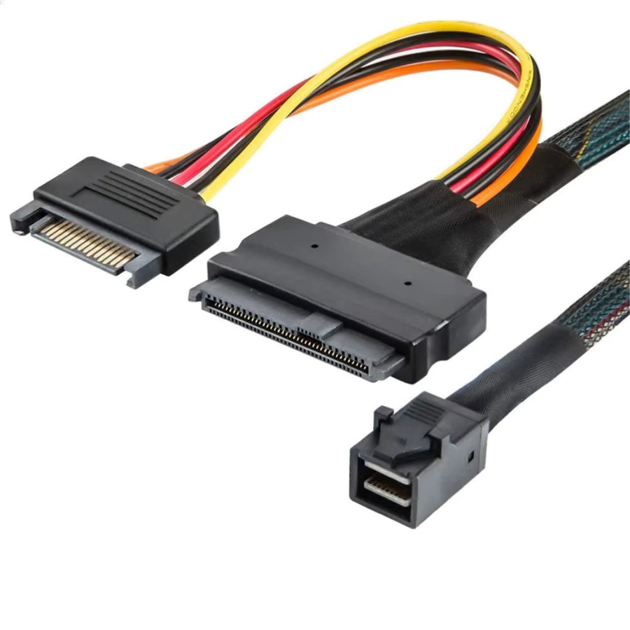 Internes PCIe 4.0 Mini SAS SFF-8643 auf U.2 SFF-8639 SSD Kabel in Schwarz mit 15-poligem SATA-Stromstecker - Bild 3