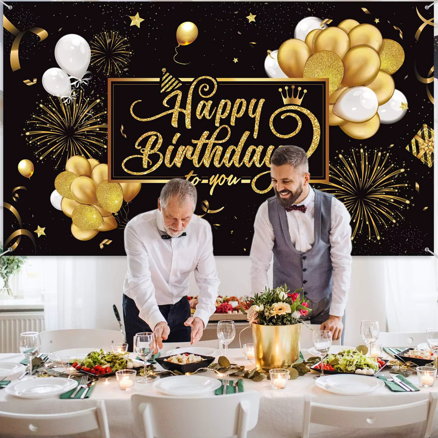 OURFETE Happy Birthday Hintergrundbanner aus Polyester in Schwarz-Gold mit Sternen und Buchstaben, Fotografie-Hintergrund für Geburtstagsfeiern, Breite: 185 cm, Höhe: 110 cm - Bild 3
