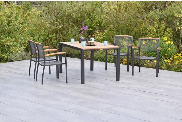 Merxx Gartenmöbelset Tilos 5-teilig aus Aluminium und Holz in Anthrazit und Grau mit Stapelsesseln und Tisch B: 150 cm, T: 90 cm - Bild 1