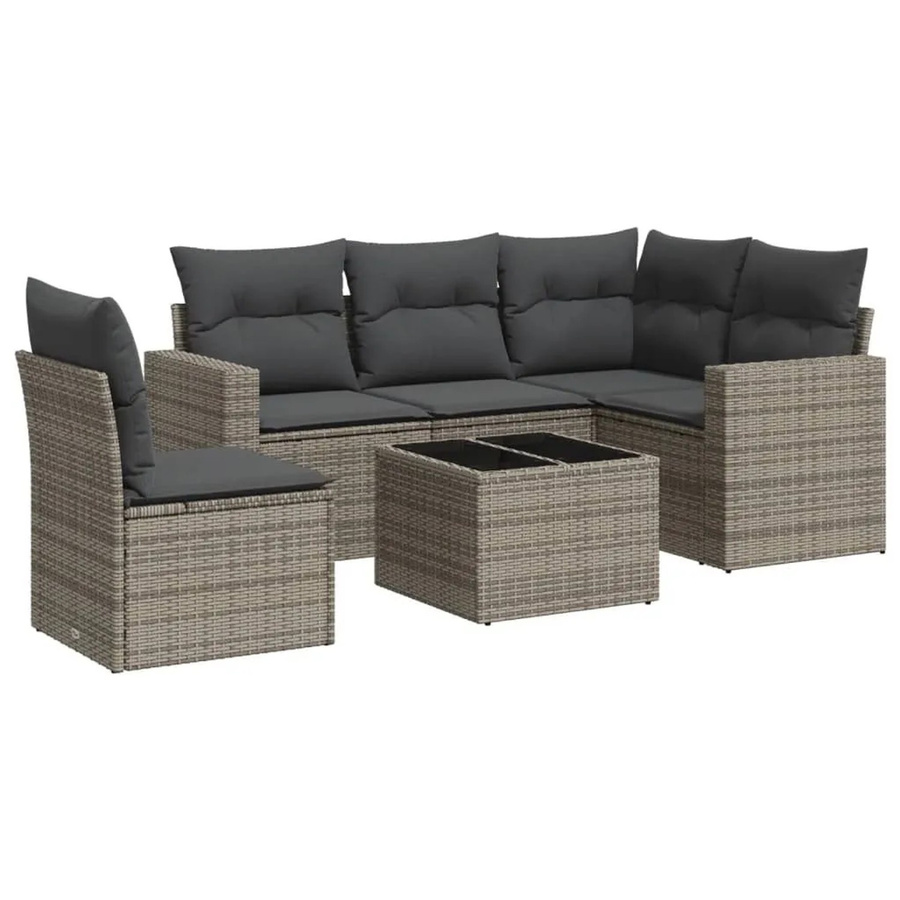 vidaXL 6-teilige Garten-Sofagarnitur aus Poly-Rattan in Grau mit Kissen und Hartglas-Tisch - Bild 2