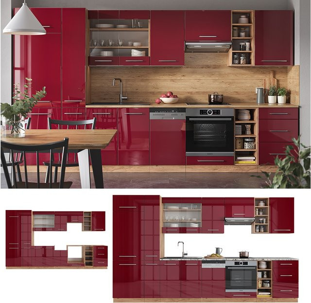Vicco Küchenzeile Fame-Line Einbauküche in Eiche Bordeaux Rot, modern und glänzend, Breite: 355 cm - Bild 1