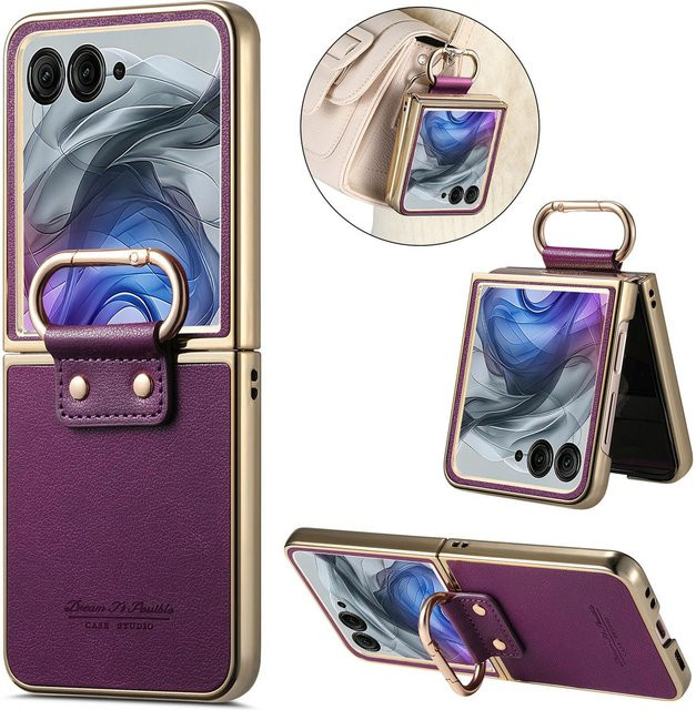HQBBRO Lederhülle mit Ringhalter für Motorola Razr 60 und Razr 50 Ultra, Stoßfest und Schlank mit galvanisiertem Rand, Violett - Bild 1