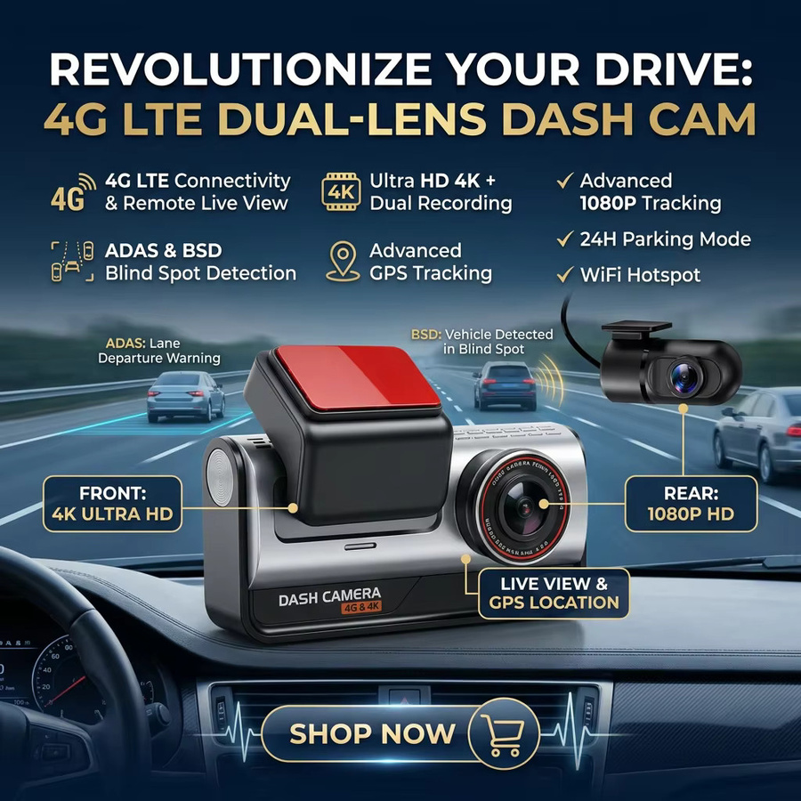 Bluavido 4G LTE 4K Ultra HD Dual-Dashcam mit GPS, WLAN-Hotspot, ADAS und 24-Stunden-Parkmodus in Schwarz - Bild 2