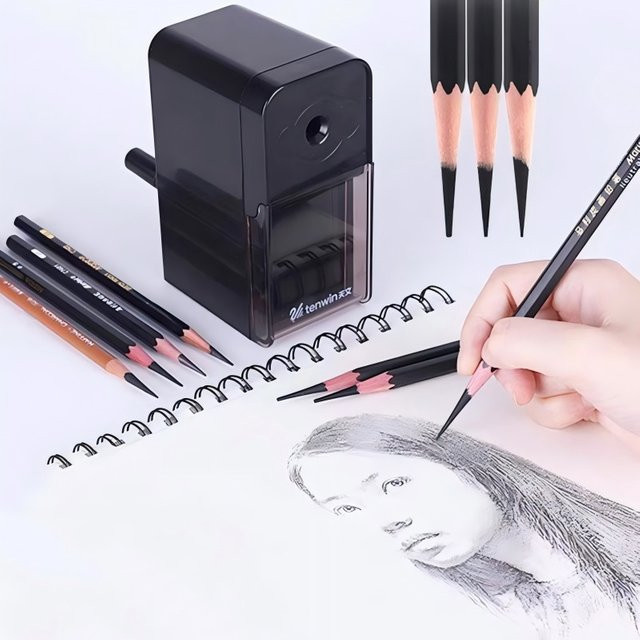 Tenwin Handkurbel-Bleistiftspitzer in Schwarz für Künstler und Profis zur manuellen Anspitzung von Kunst-, Kohle-, Zeichen- und Skizzierbleistiften - Bild 1