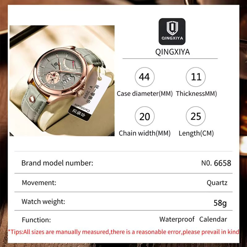QINGXIYA Armbanduhr Leder, Quarz, Datum, Roségold, Herren - Bild 3