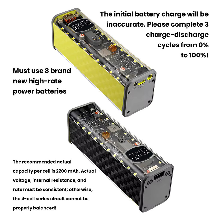 Gaqqee PD 65W Superschnelle Ladebatteriebox, transparentes gelbes Gehäuse für 8-teilige 18650-Akkus, schweißfreies wiederaufladbares Batteriegehäuse mit einstellbarer DC-Spannung - Bild 5