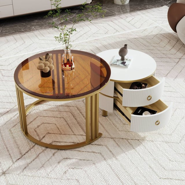 Aosom 2er Set runde Couchtische mit Schubladen in Weiß und Braun, modern mit MDF und gehärtetem Glas, Durchmesser: 70 cm und Durchmesser: 50 cm - Bild 1
