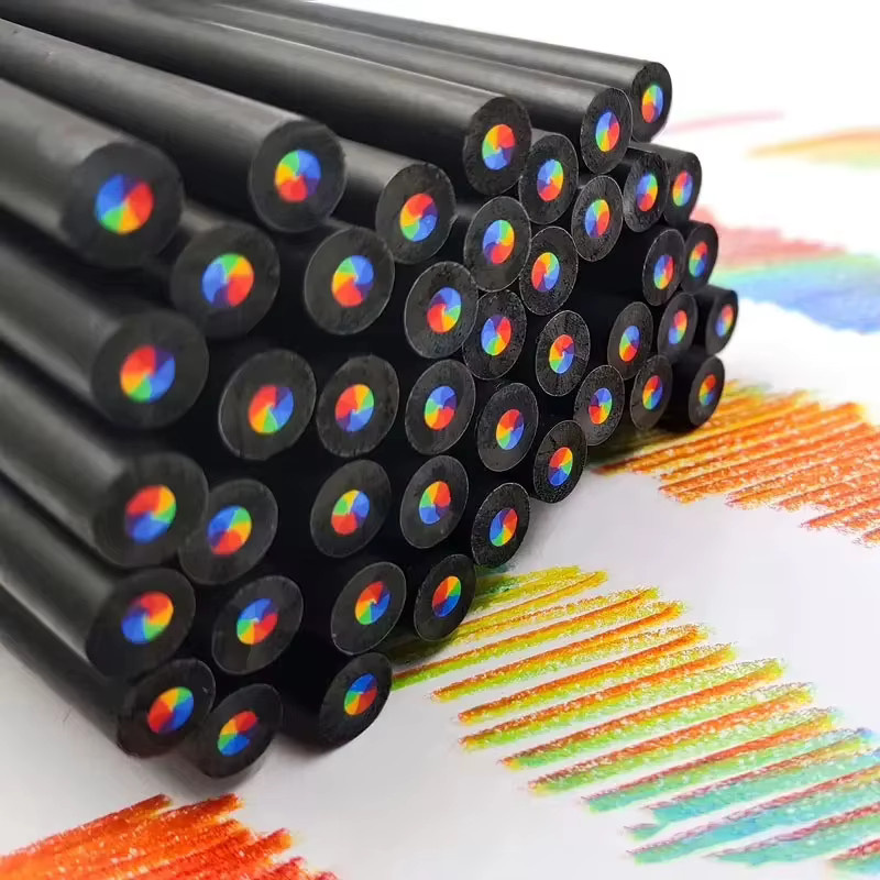 6 Stück 7-in-1 Regenbogen-Buntstifte aus schwarzem Holz für Kunst und Schule, Mehrfarbig - Bild 6