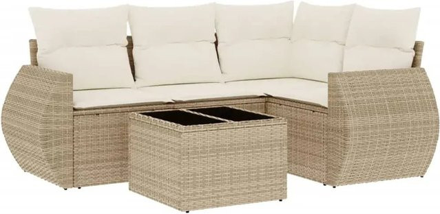 vidaXL 5-teilige Garten-Sofagarnitur in L-Form aus Poly-Rattan mit Kissen in Beige-Creme - Bild 1