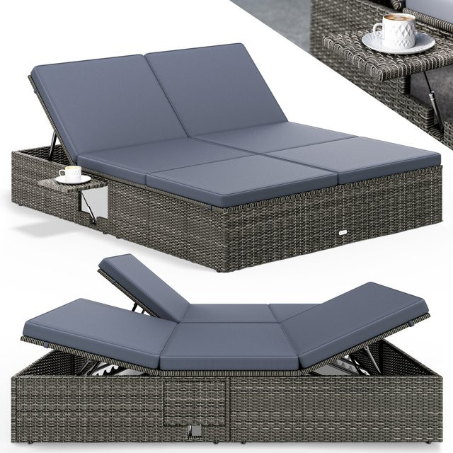 CASARIA Polyrattan Sonnenliege Grau Anthrazit mit wetterfestem Kissen und Seitentisch B/T/H: 160 x 220 x 33 cm - Bild 1