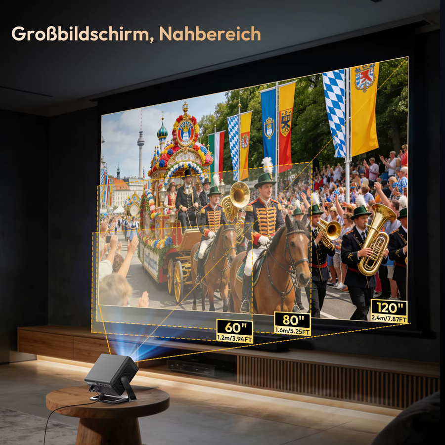 XGODY A1 Gimbal Projektor mit Android 14, 4K Unterstützung, 360 ANSI, Native 720P, Autofokus, Wifi6 und Bluetooth 5.4, Schwarz - Bild 5