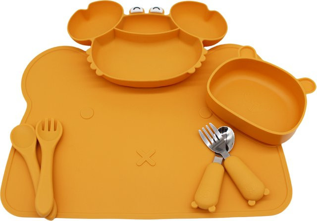 Bneseus Baby-Essteller Set mit Saugnapf und Bären-Tischset, Kindergeschirr-Set mit unterteiltem Teller und Bärenschüssel in Beige und Orange - Bild 1