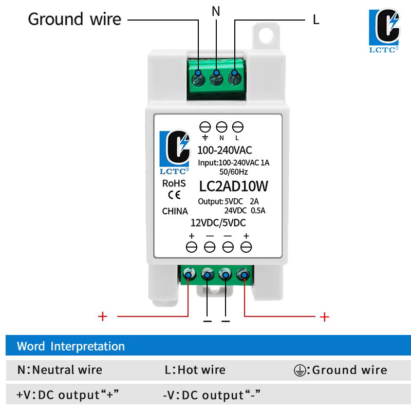 LCTC DIN-Schaltnetzteil AC100-240V Dual-Ausgang 5V/12V/24V DC-Netzteil Industrietransformator in Weiß - Bild 1