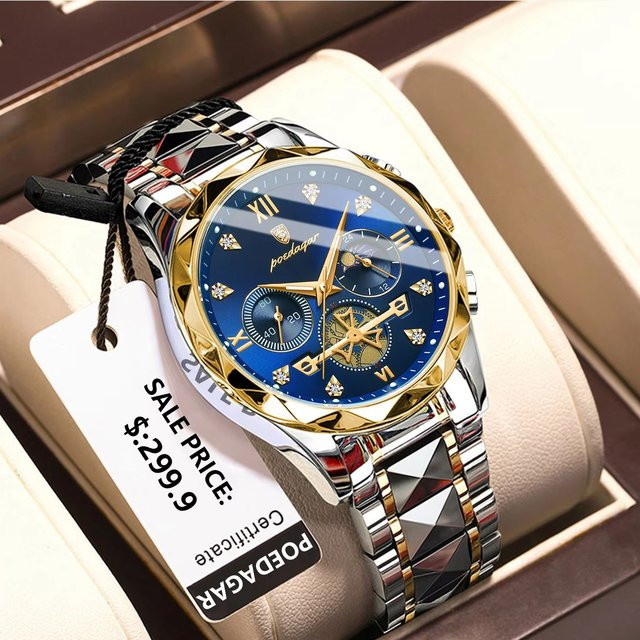 POEDAGAR Armbanduhr Chronograph, Quarz, Edelstahl, Blau, Herren - Bild 1