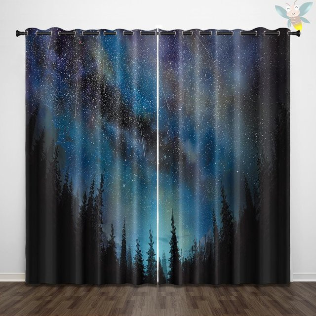 2er-Set Vorhänge mit Sternenhimmel und Aurora-Waldmuster in Blau, halbtransparent mit Ösen, Breite: 140 cm, Höhe: 160 cm - Bild 1