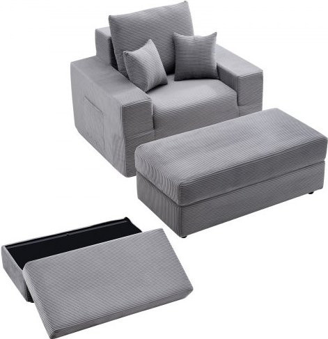 VEVOR Chaiselongue Relaxliege aus Cord in Grau mit Dekokissen, Armlehnen und Ottomane, modularer Loungesessel mit tiefer Sitzfläche für Wohnzimmer und Schlafzimmer, Breite: 111,5 cm - Bild 1