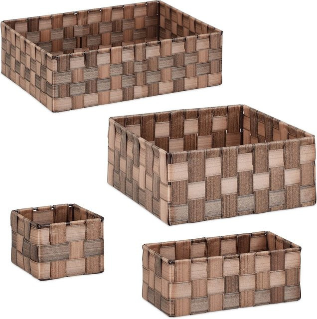Relaxdays Aufbewahrungskorb Set aus Kunststoff und Metall in Braun, geflochten und stapelbar, B/T/H: 35,5 x 26 x 10,5 cm - Bild 1