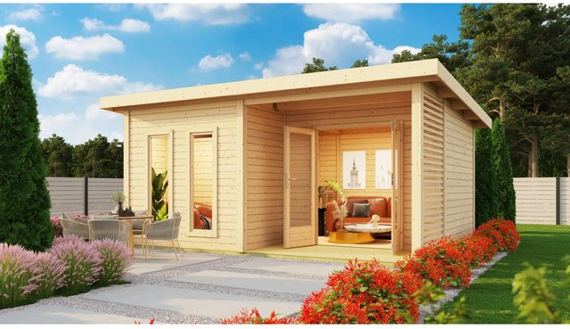 Karibu Saunahaus Magnus 5 Set in Natur aus nordischer Fichte inklusive 9 kW Ofen und externer Steuerung - Bild 1