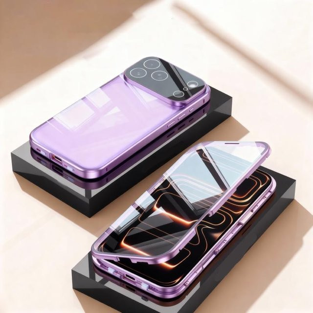 Magnetische 360 Grad Vollschutz Handyhülle aus Metall und Glas mit Schnappverschluss für Apple iPhone 17, iPhone 17 Pro, iPhone 17 Air und iPhone 17 Pro Max in Grau - Bild 1
