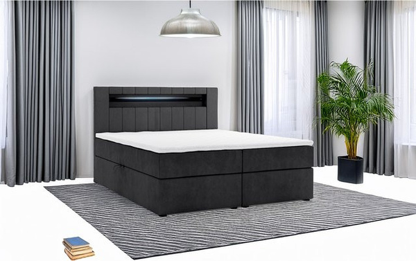 M-Punkt Boxspringbett KUBA mit Bettkasten, Visco Topper und LED-Beleuchtung, Farbe: Schwarz, Webstoff, B/T: 160 x 200 cm