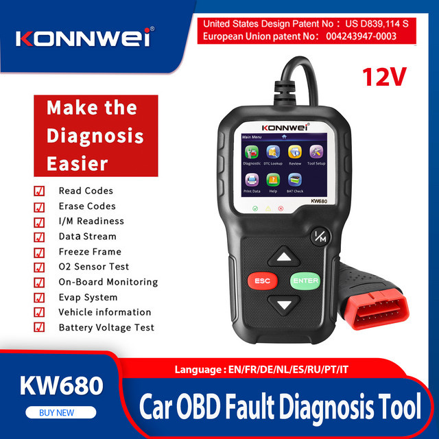 KONNWEI KW680 Auto OBD2 Fehlerdiagnose-Scanner mit Sprachfunktion, Kfz-Diagnosegerät und ELM327 Codeleser, Schwarz - Bild 1