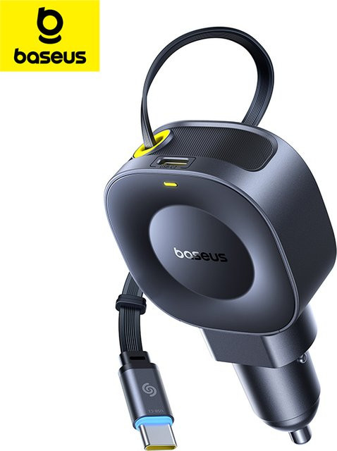 Baseus 45W Autoladegerät mit integriertem einziehbarem Kabel in Schwarz für iPhone, Samsung, Xiaomi und HUAWEI - Bild 1