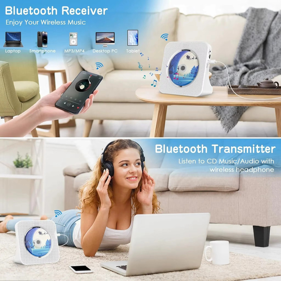 Bytelike Bluetooth-CD-Player mit 2 HIFI-Lautsprechern und LED-Anzeige in Weiß inklusive Fernbedienung - Bild 4