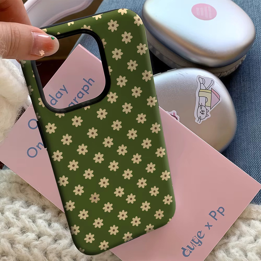 Handyhülle mit grünem und beigem Blumenmuster für Apple iPhone 17 16 15 14 13 12 11 Pro Max Plus mit doppelschichtiger Rückseite - Bild 5