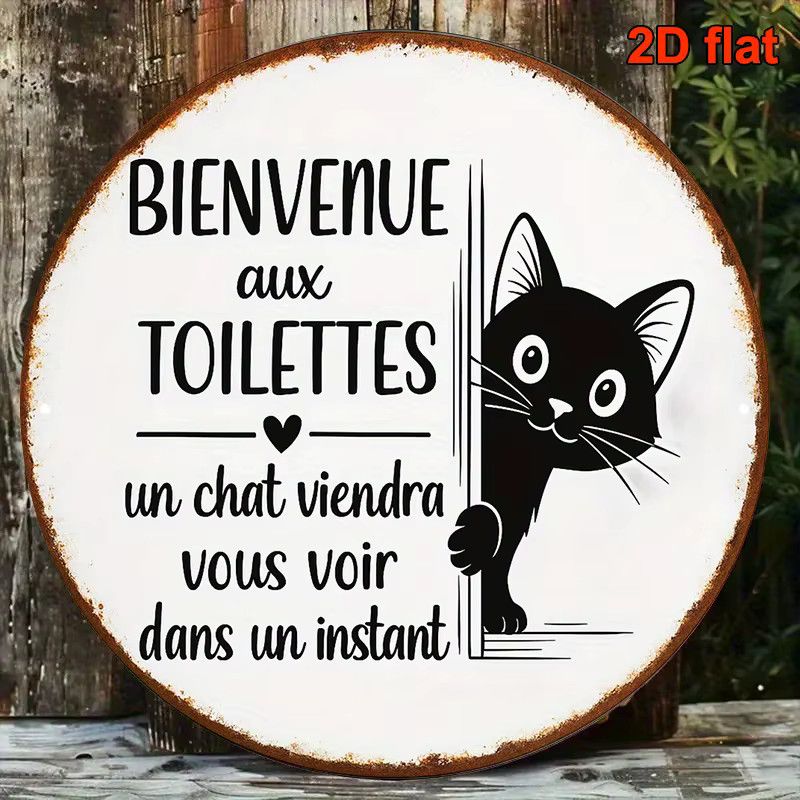 Willkommensschild Französische Katze von Potdemiel, rundes zweisprachiges Badezimmerschild in Schwarz, Durchmesser: 20,3 cm - Bild 3