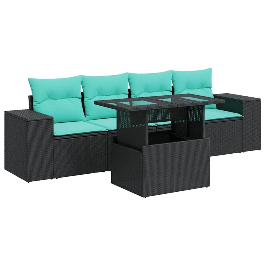 vidaXL 5-teilige Garten-Sofagarnitur in L-Form aus schwarzem Poly-Rattan und Akazie mit Sitzkissen und integriertem Stauraum - Bild 2