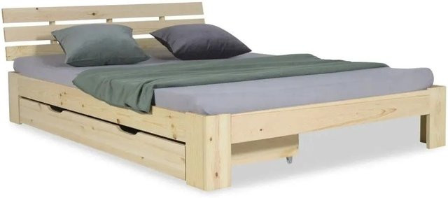 Homestyle4u Holzbett aus Kiefer und MDF in Braun mit Lattenrost und Bettkasten, B/T/H: 140 x 200 x 66 cm - Bild 1