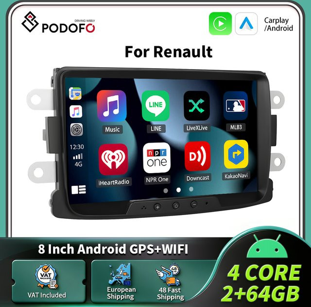 Podofo 8-Zoll Carplay Android Autoradio für Renault mit GPS-Navigation und RDS-Multimedia in Schwarz - Bild 1