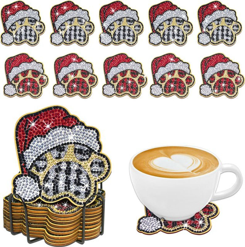 10er Set DIY Diamond Painting Untersetzer mit Halter im Weihnachts-Design und Tierpfoten-Motiv, mehrfarbig - Bild 1
