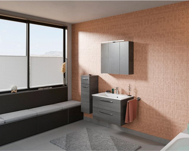 Pelipal Badmöbel-Set Trentino in Graphit mit Waschtisch aus Mineralmarmor, Unterschrank und Spiegelschrank mit LED-Beleuchtung und Soft-Close-Türen - Bild 1