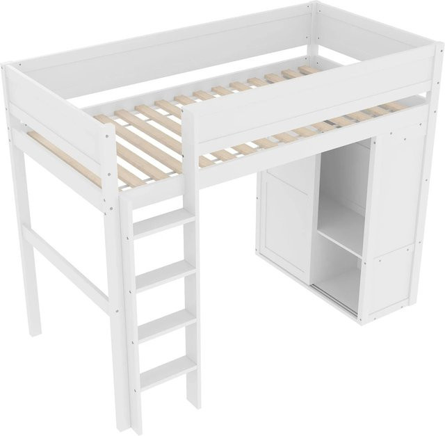 KOMHTOM Hochbett für Kinder aus Kiefernholz und MDF in Weiß mit Kleiderschrank und Staufächern, B/T/H: 90 x 200 x 165 cm - Bild 1