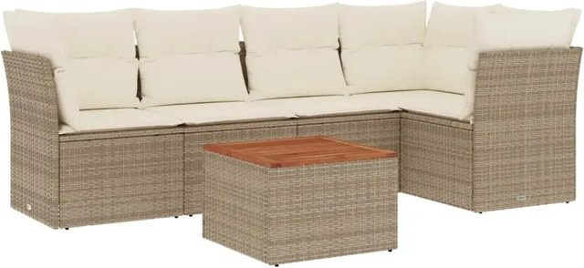 vidaXL 6-teilige Garten-Sofagarnitur in L-Form aus Polyrattan und Akazienholz mit Kissen in Beige und Cremeweiß - Bild 1