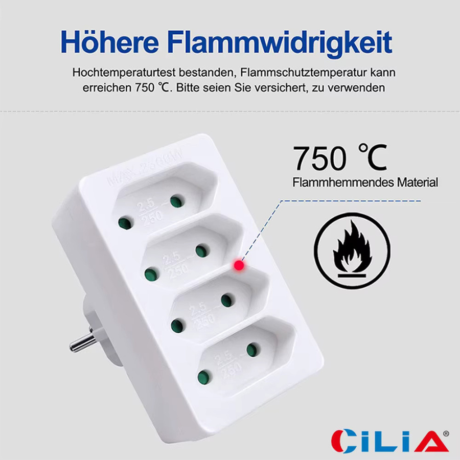 CILIA Europe EU-Stromverlängerungssteckdose mit Schalter und 3 Schuko-Steckdosen in Weiß, 3680W, CE-zertifiziert - Bild 2