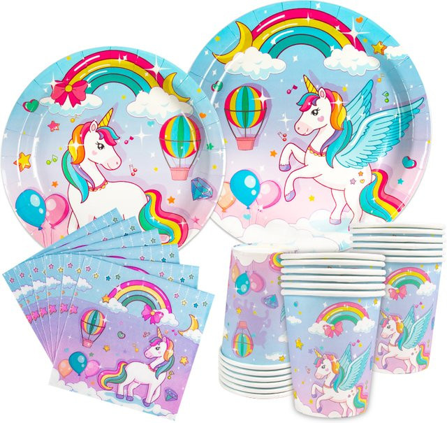 WEIGAO Einweggeschirr Set Regenbogen Einhorn Thema für Mädchen Geburtstag, Pappteller, Tassen und Servietten, Mehrfarbig - Bild 1