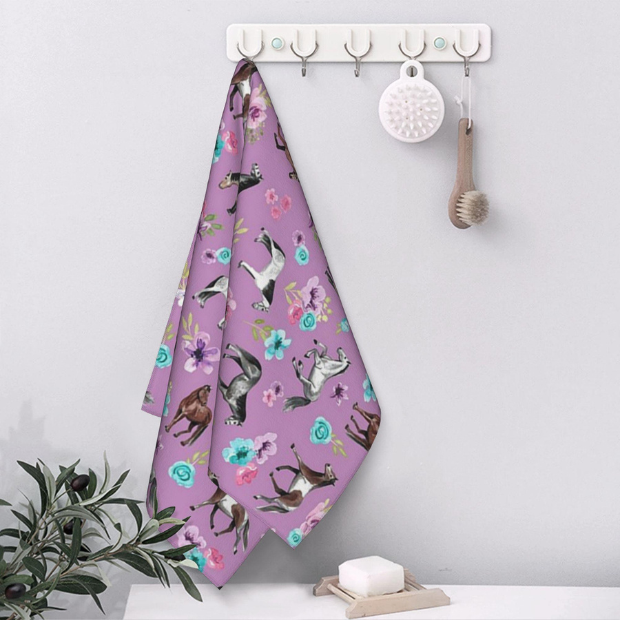 Creative Man Baumwollhandtuch mit Pferde- und Blumen-Print, Hellviolett und Weiß, B: 40 cm, H: 60 cm - Bild 2