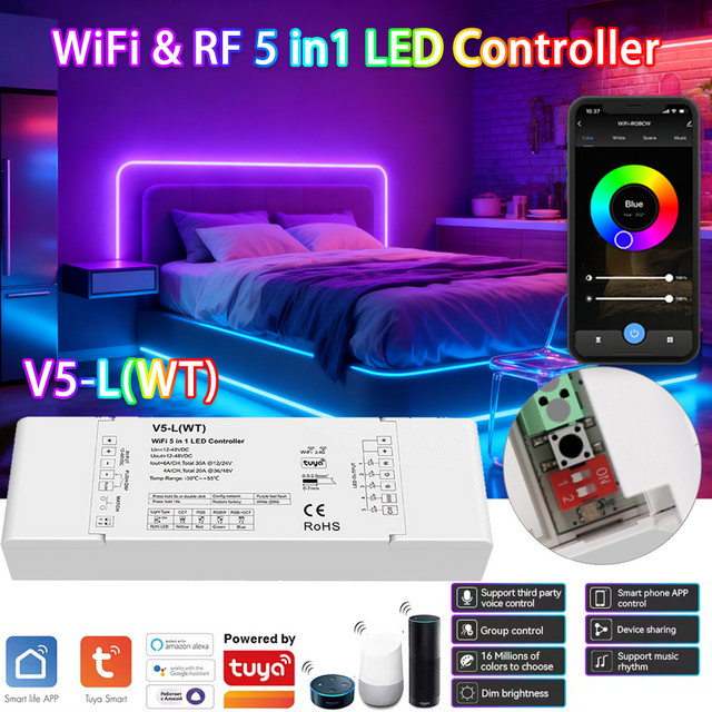 YSRSAI Tuya Smart Life 5-in-1 LED-Streifen-Controller für 12V-24V, WiFi Dimmer für RGB, RGBW und RGBCCT, kompatibel mit Amazon Alexa und Google Assistant - Bild 1
