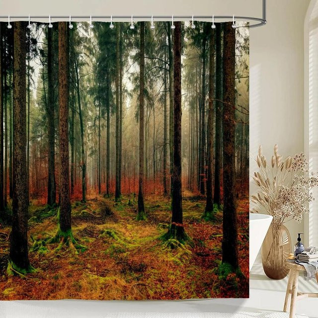 Baifenbai Home Furnishing Duschvorhang Naturlandschaft Birkenwald aus Polyester, Wasserdicht, Mehrfarbig, B: 90 cm, H: 180 cm - Bild 1