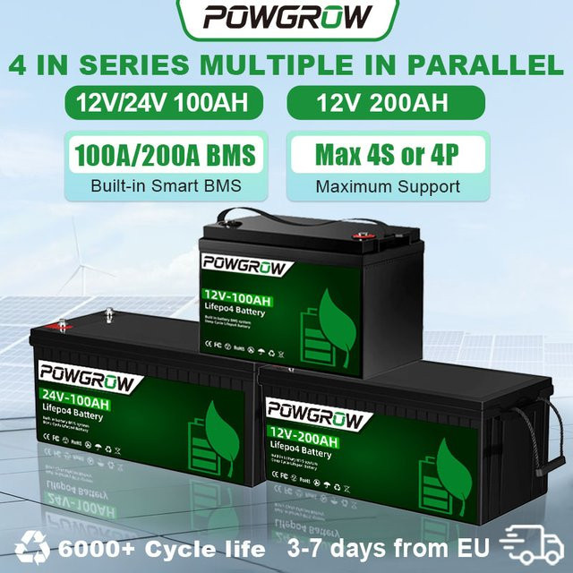 POWGROW LiFePO4 Lithium-Eisenphosphat-Solarbatterie mit Klasse-A-BMS, 12V oder 24V, 100Ah oder 200Ah - Bild 1