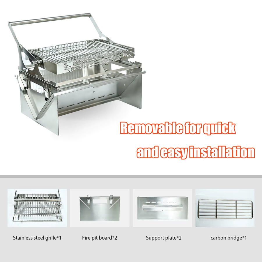HDWYSY.COM Tragbarer 360 Grad rotierender Holzkohlegrill aus Edelstahl 304 mit umklappbarem Korb in Helles Silber - Bild 3