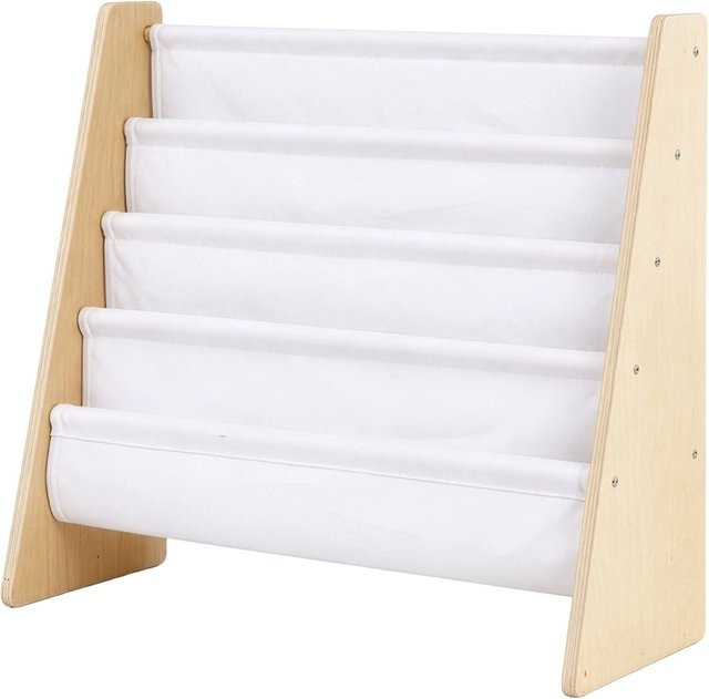 Relaxdays Kinderbücherregal aus Kiefernholz in Weiß, Montessori-inspiriertes Bücherregal mit 4 Stofftaschen, B/T/H: 60 x 39 x 63 cm - Bild 1