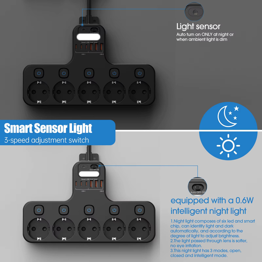 Steckdosenleiste 12 in 1 mit EU-AC-Stecker, Wandmontage, 4000 W, unabhängige Schalter, Sensor-Nachtlicht, 3 USB-C und 3 USB-A Anschlüsse, Schwarz - Bild 3